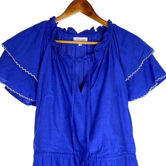 Olivia James Medium Mini Dress 100% Cotton Blue Western Boho Peasant Ruffle Bow - Picture 3 of 5